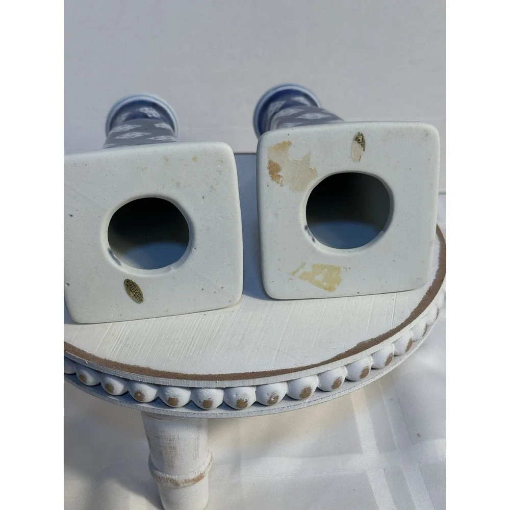 Handcrafted For Silvestri Blue‎ And White Glass Taper Holders 8.25